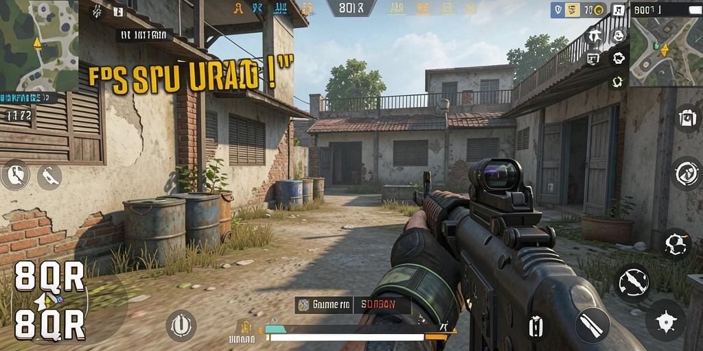 Screenshot game 8QR menunjukkan aksi pertempuran FPS yang intens.