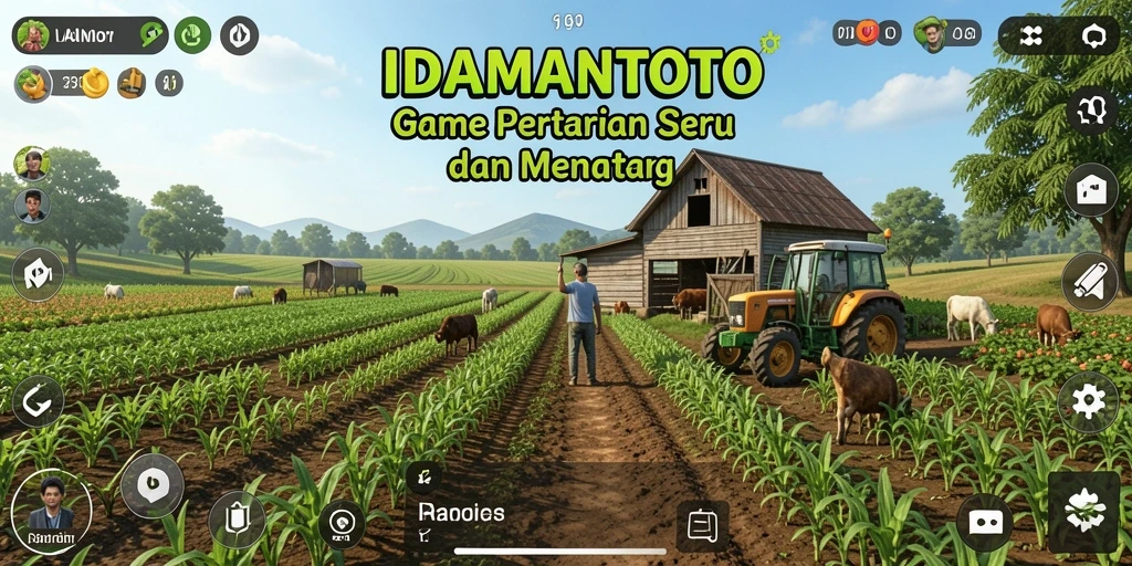 Screenshot gameplay IDAMANTOTO menampilkan kebun yang subur dan tanaman yang sedang dipanen.