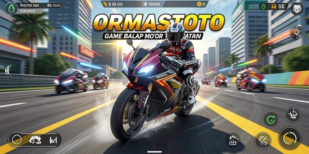 Tampilan gameplay ORMASTOTO yang mendebarkan dalam balapan motor.