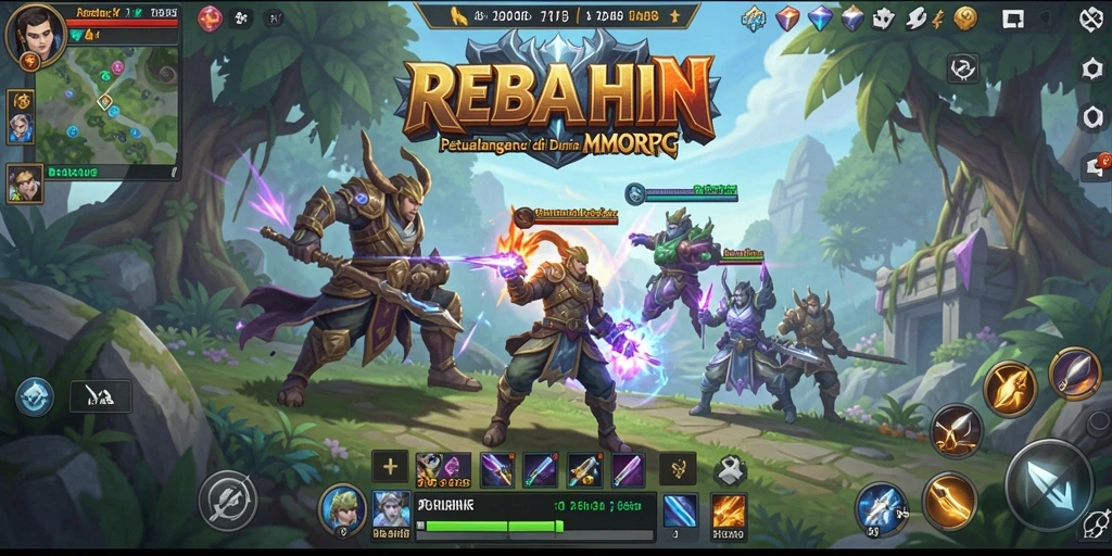 Screenshot utama menunjukkan aksi seru dalam REBAHIN saat bertarung di dunia MMORPG.